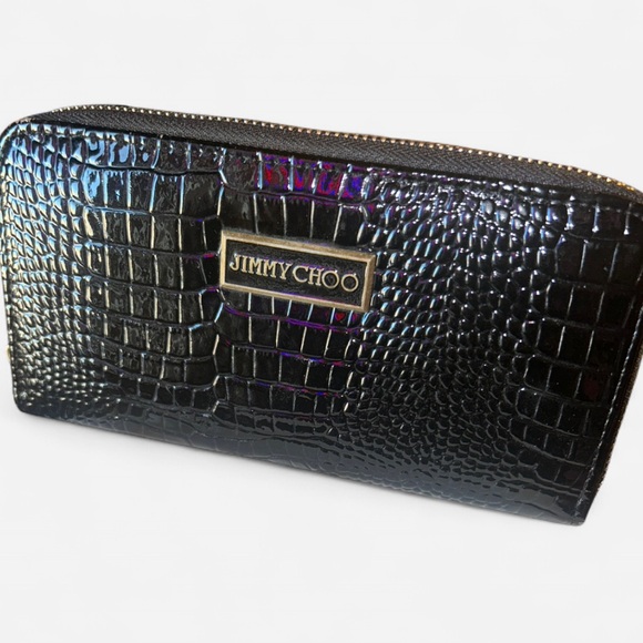 Jimmy Choo Black Croc-Embossed Zip-Around Wallet – Gold Hardware - Picture 1 of 4
